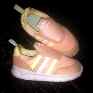 Adidas size 8 toddler kids girl tennis shoes sneakers pink yellow blue slip on